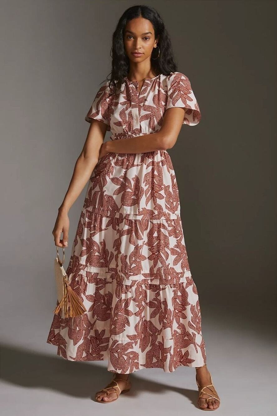 Anthropologie Somerset Maxi Neutral Dotted Floral Cotton Tiered Dress Medium